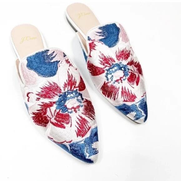NEW- NWOB J.Crew Red Blue Floral Embroidered Mules Size 7.5 - Picture 1 of 6
